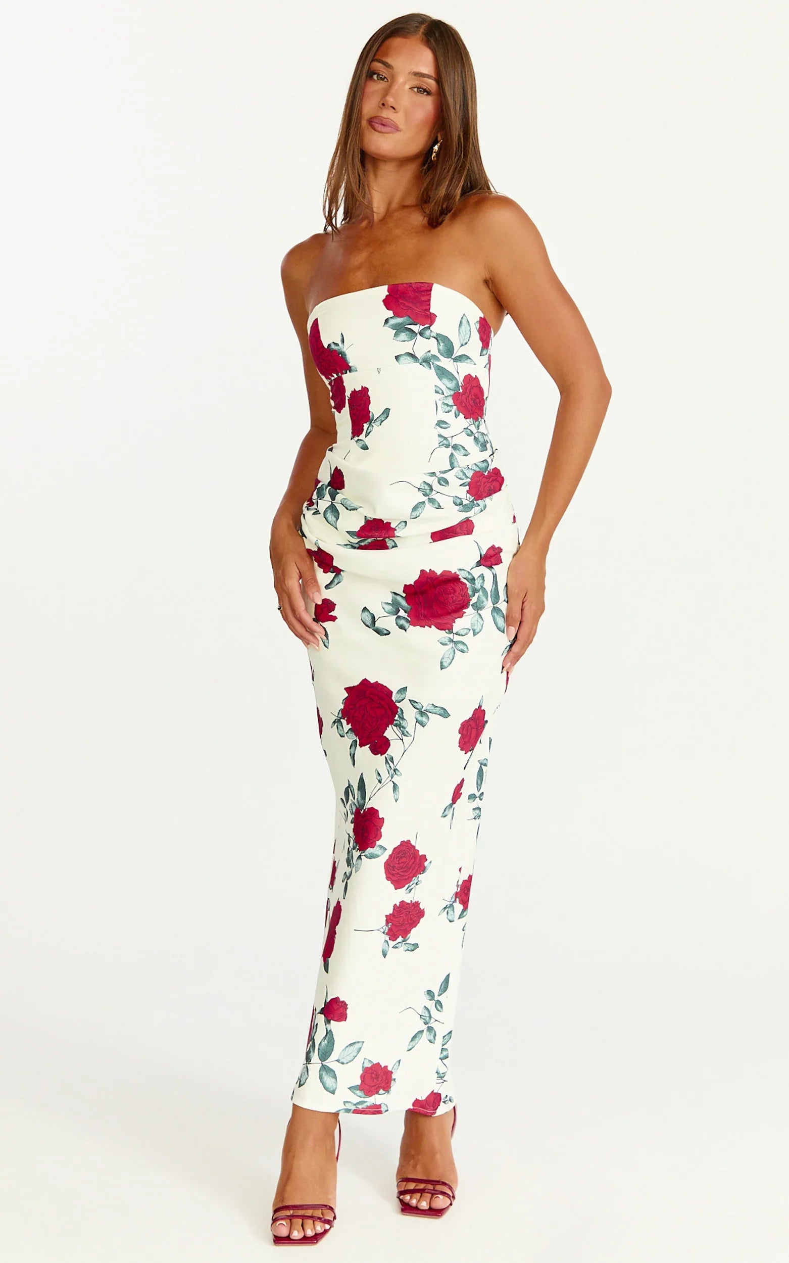 Dahlia Midi Dress - Strapless Draped Cowl Waist Fitted Dress in Scarlet Rose Print